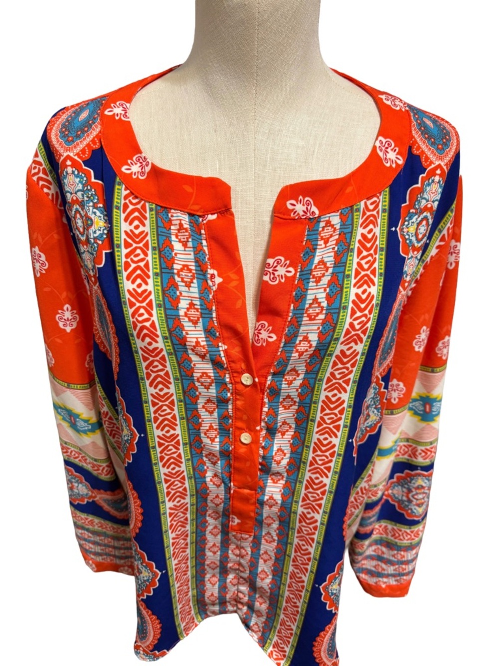 Gibson & Latimer NWT Placement Print Boho Tunic Blouse Size. XL orange Blue